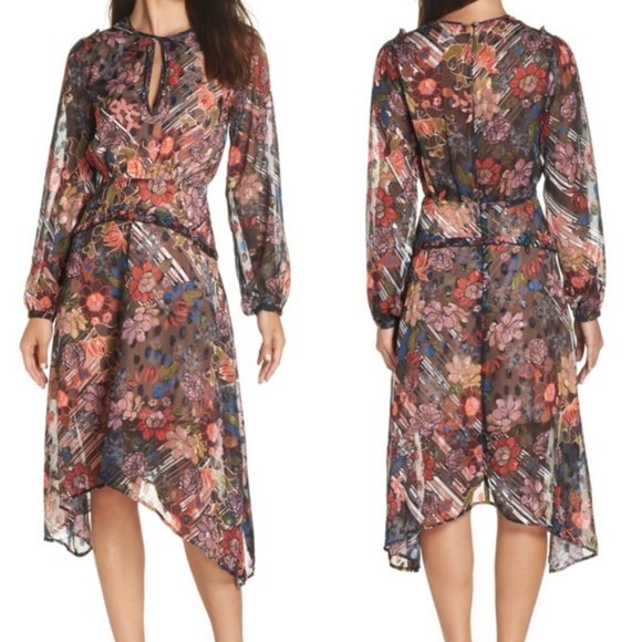 foxiedox Dresses & Skirts - Foxiedox Retro Flowers Dress Midi Asymmetrical Hem